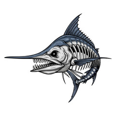 Fototapeta premium skeleton marlin fish mascot with sharp teeth and blue fins on white background
