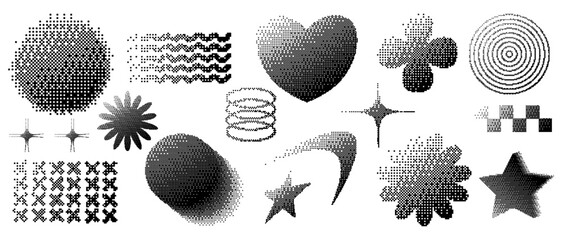 Set of Y2K dithered pixel elements. Abstract bitmap shapes including heart, star, and geometric icons. Retro halftone effect for cyberpunk and techno designs. Creative monochrome vector collection.