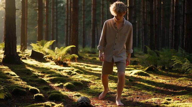 A young person interacting with a turtle in a sunlit forest, surrounded by green ferns and soft moss underfoot