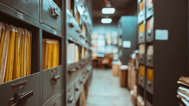 Mixed storage area showing paper files beside digital devices in lockable cabinets front folder sharply defined rest of the scene out of focus.