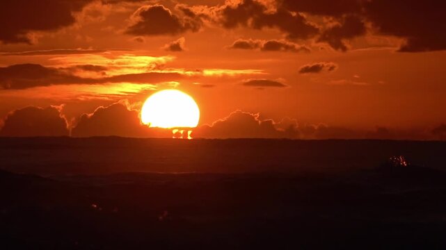 Sun touching the horizon of the Adriatic Sea, Montenegro