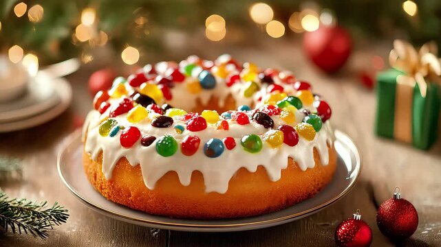 Colorful festive cake with icing and candy decorations on table  