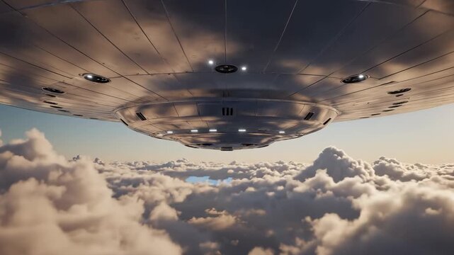 A massive alien spacecraft glides majestically through the sky, hovering above a thick blanket of clouds. The camera zooms in to reveal intricate details and lights on the metallic hull.