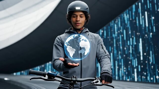 Young person on a bicycle holding a glowing virtual globe in an urban futuristic setting with digital patterns in the background