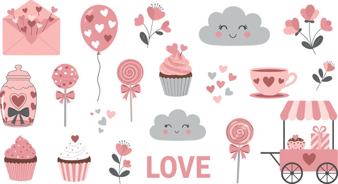 Cute pink love themed set with cupcakes, hearts, clouds, envelopes, tea cup, balloons, and romantic kawaii elements in pastel vector style