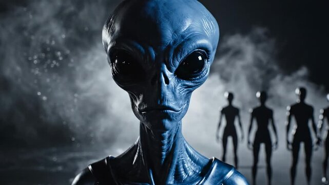 The camera slowly pushes in on a detailed alien lifeform while thick smoke billows. Behind it, several humanoid silhouettes stand in a dark hangar. A sense of ominous cosmic mystery.