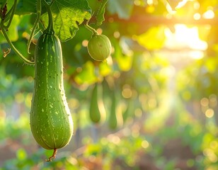 Luffa gourd hanging in garden with sunlight.