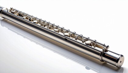 Obraz premium Elegant silver transverse flute, a classical woodwind instrument used in symphony orchestras and concerts. Detailed close-up of keys and mechanism, isolated on a clean white background with reflection