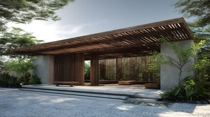 Tropical house exterior with vertical wood screen shading 3D rendering
