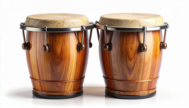 A pair of traditional wooden conga drums, an Afro-Cuban percussion instrument with rawhide heads used in salsa and latin jazz, isolated on a clean white background for studio and musical concepts.
