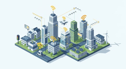 Obraz premium Futuristic cityscape with modern buildings and green spaces.