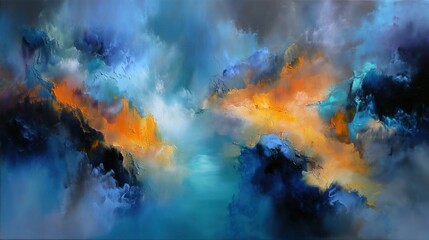Fototapeta premium Abstract landscape painting with vivid blue and orange color blending.