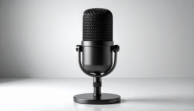 Professional black studio condenser microphone on a stand for broadcasting, podcasting, and voice recording. Modern audio equipment isolated on a clean white background with copy space.