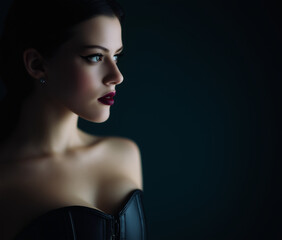 Fototapeta premium Elegant woman with dark lipstick and eyeliner, looking away from the camera