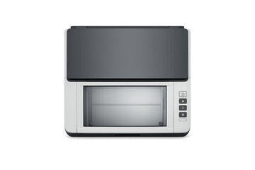 Obraz premium Modern flatbed scanner with a sleek white and gray design, isolated on black