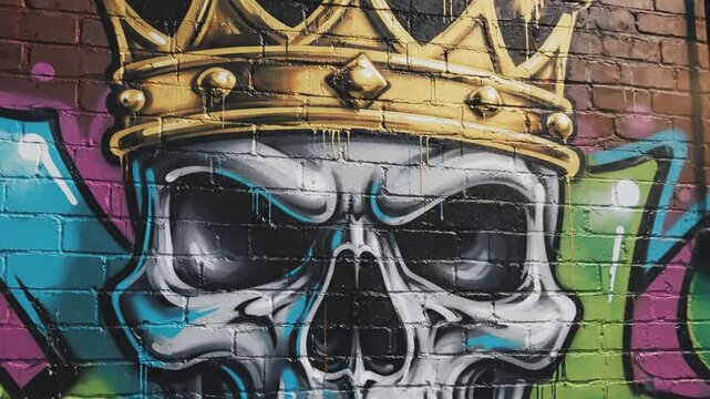 Skull graffiti wearing a gold crown on a brick wall,vivid neon-green and purple backdrop,urban vibe