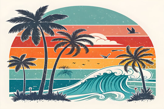 Tropical Beach Sunset Illustration with Palm Trees and Ocean