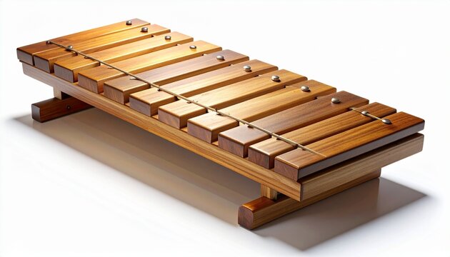 Traditional wooden balafon, an African idiophone percussion instrument similar to a xylophone, isolated on a clean white background. Ethnic music concept for culture, art, rhythm, and sound.