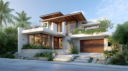 Tropical modern residence exterior architectural concept 3D rendering