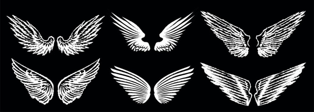 Grunge angel wings. street art style drawing. brush drawn elements. Can be used as bird, devil or creature wings. Symbol of freewill peace and heaven.