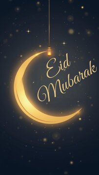 Eid Mubarak vertical banner with gold crescent moon lanterns and Islamic geometric patterns