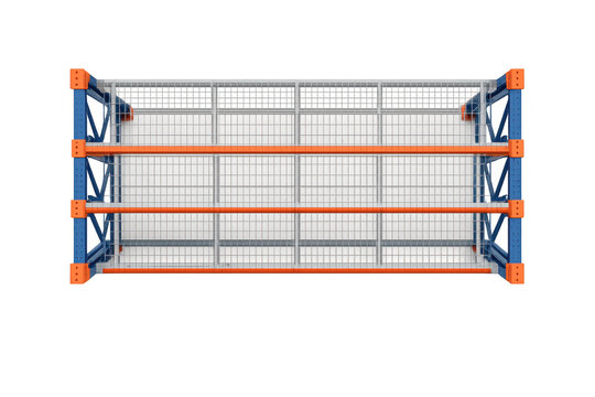 Industrial warehouse shelving unit with orange beams and blue uprights, top-down view