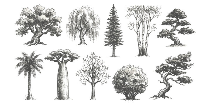 Diverse hand-drawn tree species collection featuring oak, willow, pine, palm, and baobab
