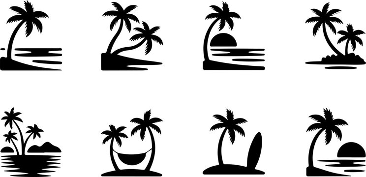 Vector illustration set featuring tropical beach icons and palm tree silhouettes for a summer island vacation landscape with sun, sea waves, and coconut leaves