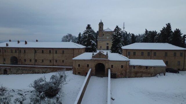 Fano snow in Eremo of Monte Giove with drone 4k