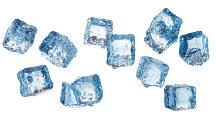 A collection of fresh, transparent ice cubes isolated on a white background, featuring clear frozen textures and cold liquid droplets for a cool, solid reflection