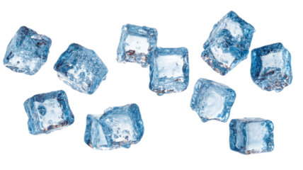A collection of fresh, transparent ice cubes isolated on a white background, featuring clear frozen textures and cold liquid droplets for a cool, solid reflection