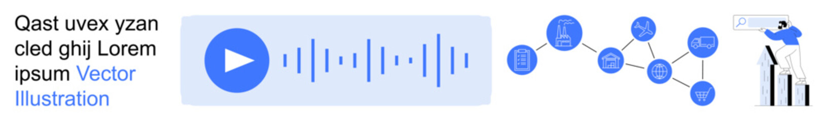 Audio technology, digital media, sound recording, data analysis, networking, multimedia. Blue play button with soundwaves, network connections and analytics graphs. Audio technology and digital