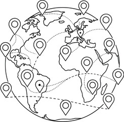 Global network line icon with world map and location pins