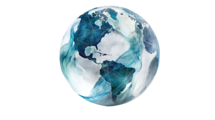 A 3d illustration of a blue and green earth globe sphere on a white background showing world continents and oceans for global business or geography concepts