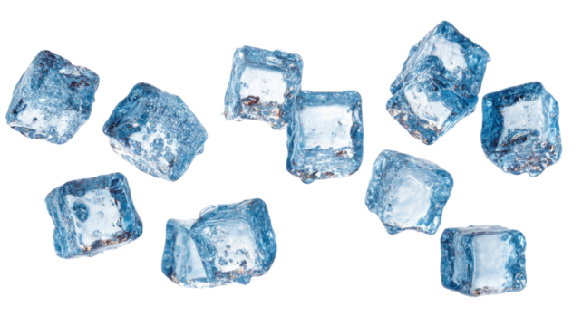 A collection of fresh, transparent ice cubes isolated on a white background, featuring clear frozen textures and cold liquid droplets for a cool, solid reflection - Powered by Adobe