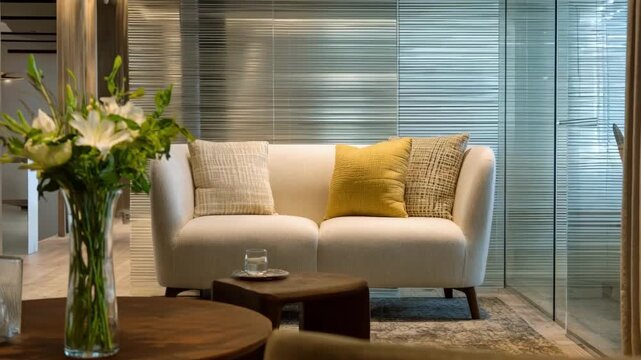 Modern small conversation zone with a loveseat in sharp focus surrounded by subtle d&eacute;cor and a softly blurred privacy screen.
