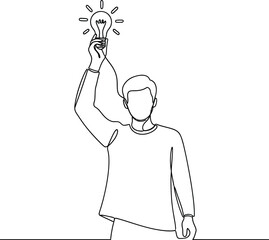Obraz premium Man holding lightbulb idea concept continuous line drawing vector