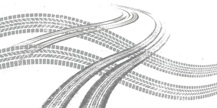 Dynamic gray tire track patterns creating an abstract background with curving lines