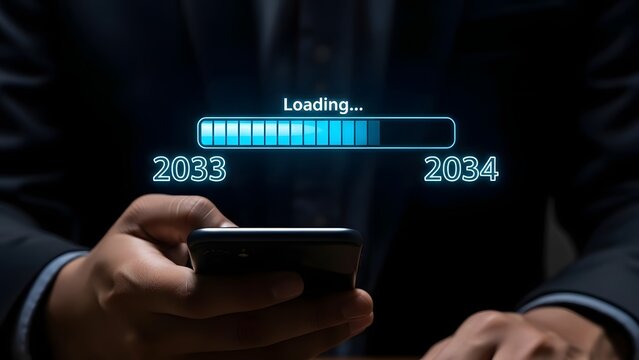 Person holding a smartphone with a holographic loading screen showing 2033 transitioning to 2034.