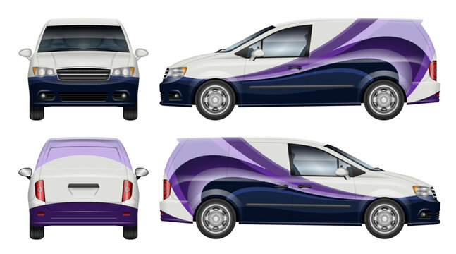 Delivery minivan wrap vector mockup shown from side, front, rear view. Perfect for corporate identity, vehicle branding and design concepts. All elements in the groups are in separate layers