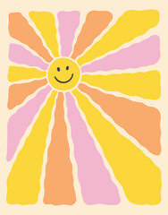 Wavy Groovy Sun Face Vintage Background. Abstract Psychedelic Retro Sunburst Print. Boho Smile Summer Poster. 70s Wavy Rays Vector Illustration. Boho Wave Flower Bg Set. Colorful Retro Graphic Design.