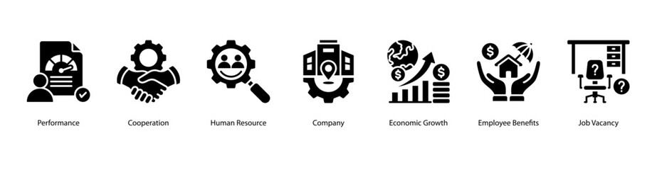 Workplace Essentials web banner icon vector illustration featuring Performance, Cooperation, Human Resource, Company, Economic Growth, Employee Benefits, and Job Vacancy.