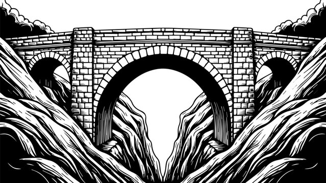 Black and white illustration of a monumental stone bridge spanning a deep rugged gorge