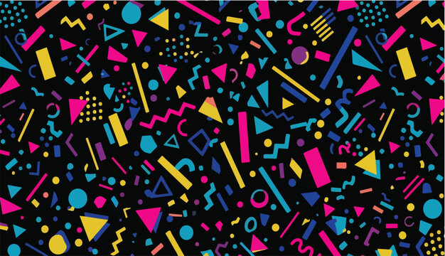 Abstract Geometric Seamless Pattern with Retro Shapes Colorful 80s Memphis Style Background

