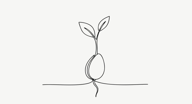 A single continuous line drawing illustrates a young seed sprouting with developing roots and two tender new leaves emerging upwards.
