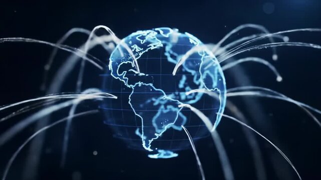 A sophisticated, stylized 3D dark blue globe with a grid and illuminated continents slowly rotates against a deep void, luminous data streams forming an interconnected digital network with ethereal