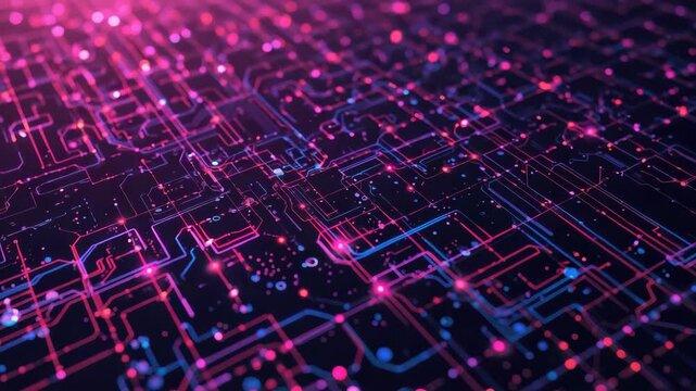 Neon circuit board network glowing pink and blue traces creating futuristic electronic pattern