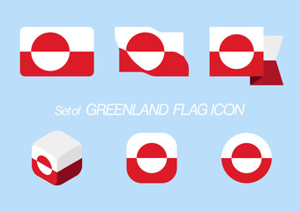 Set of Greenland national flag icon flat design style includes flat square, circle, waving ribbon, and isolmetric isolated on blue background
