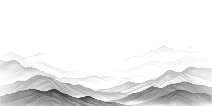 Misty mountains landscape painting in traditional chinese ink wash style isolated on white background