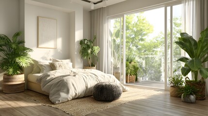 Tropical bedroom interior soft daylight neutral tone 3D rendering